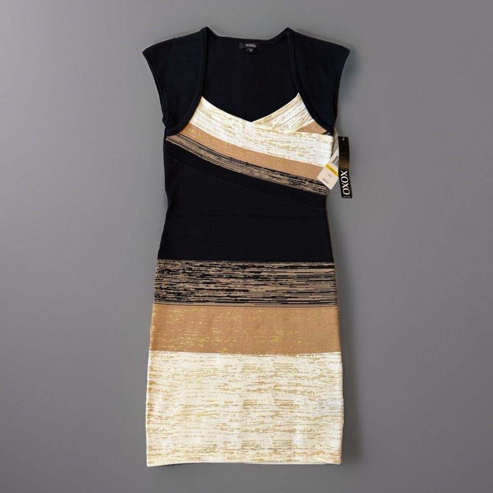 NWT - XOXO Bandage Dress Womens Size Medium‎ Midi Bodycon Black Brown Tan